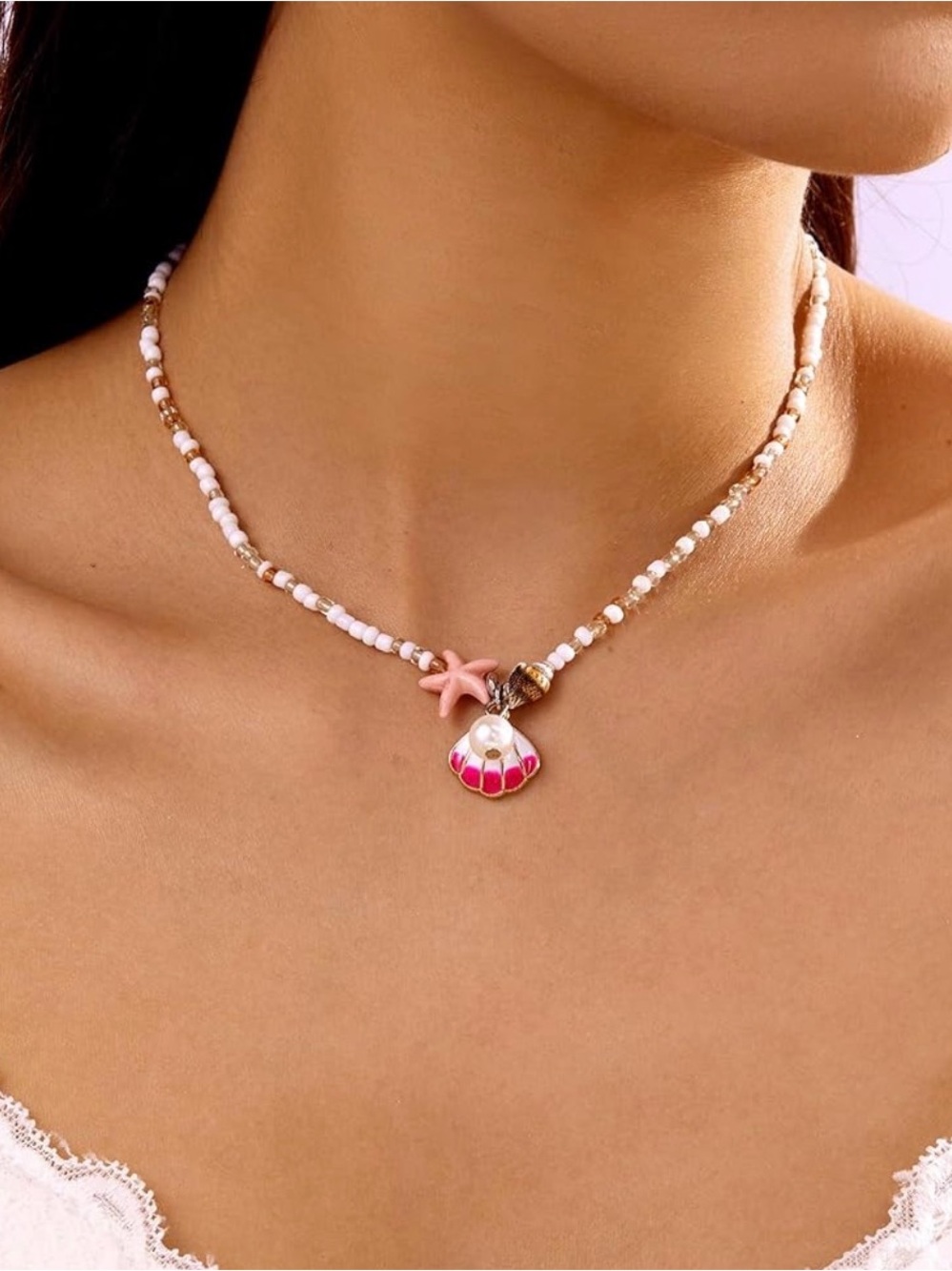 Pink Shell & Starfish Bead Necklace Choker
